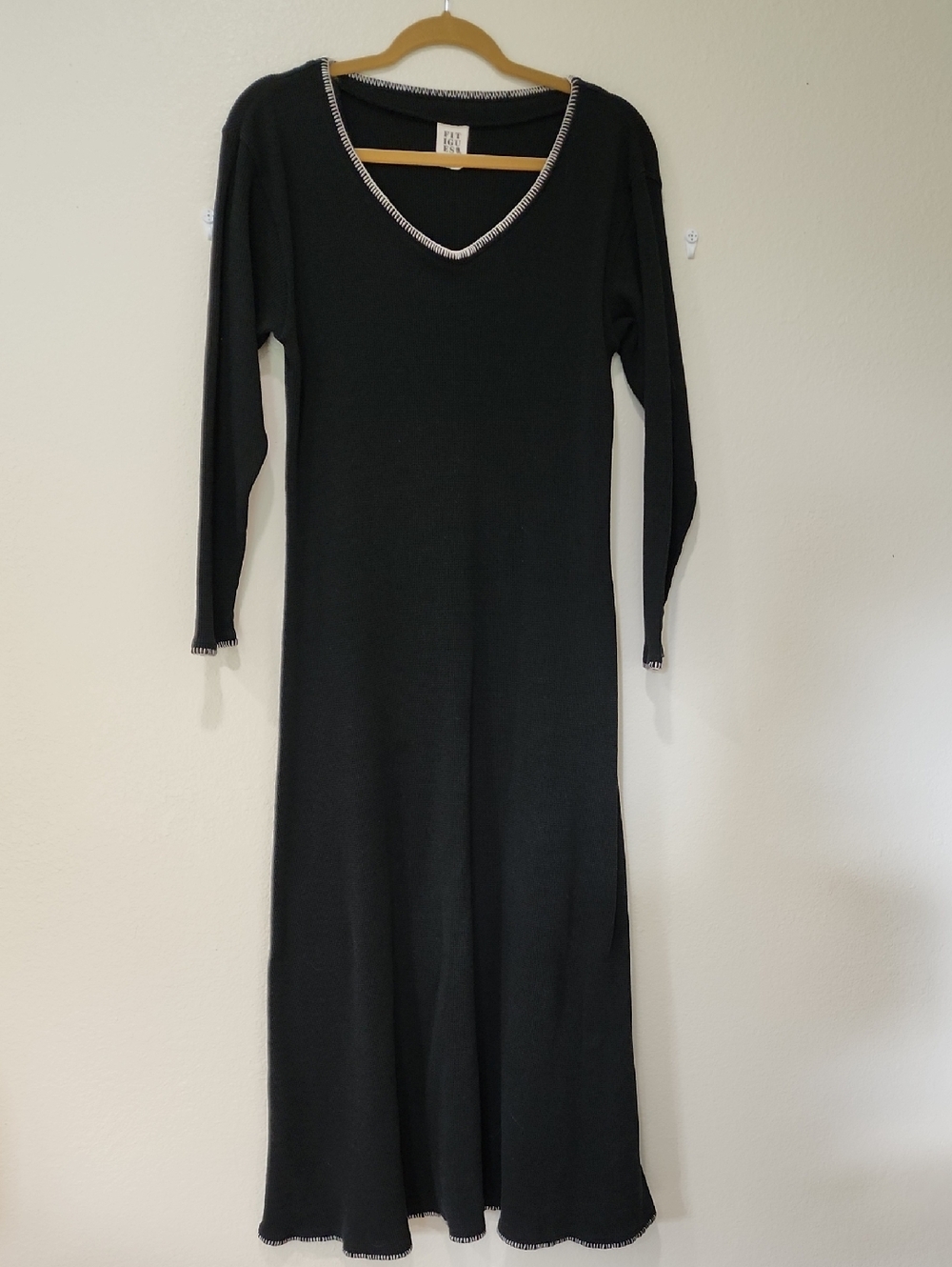 Vintage Fitigues Maxi Dress Waffle Knit Whip Stitch Trim Black Minimalist size M